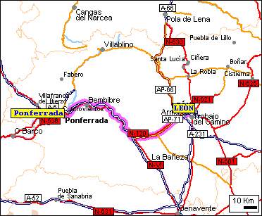 Mapa de carreteras de León a Ponferrada